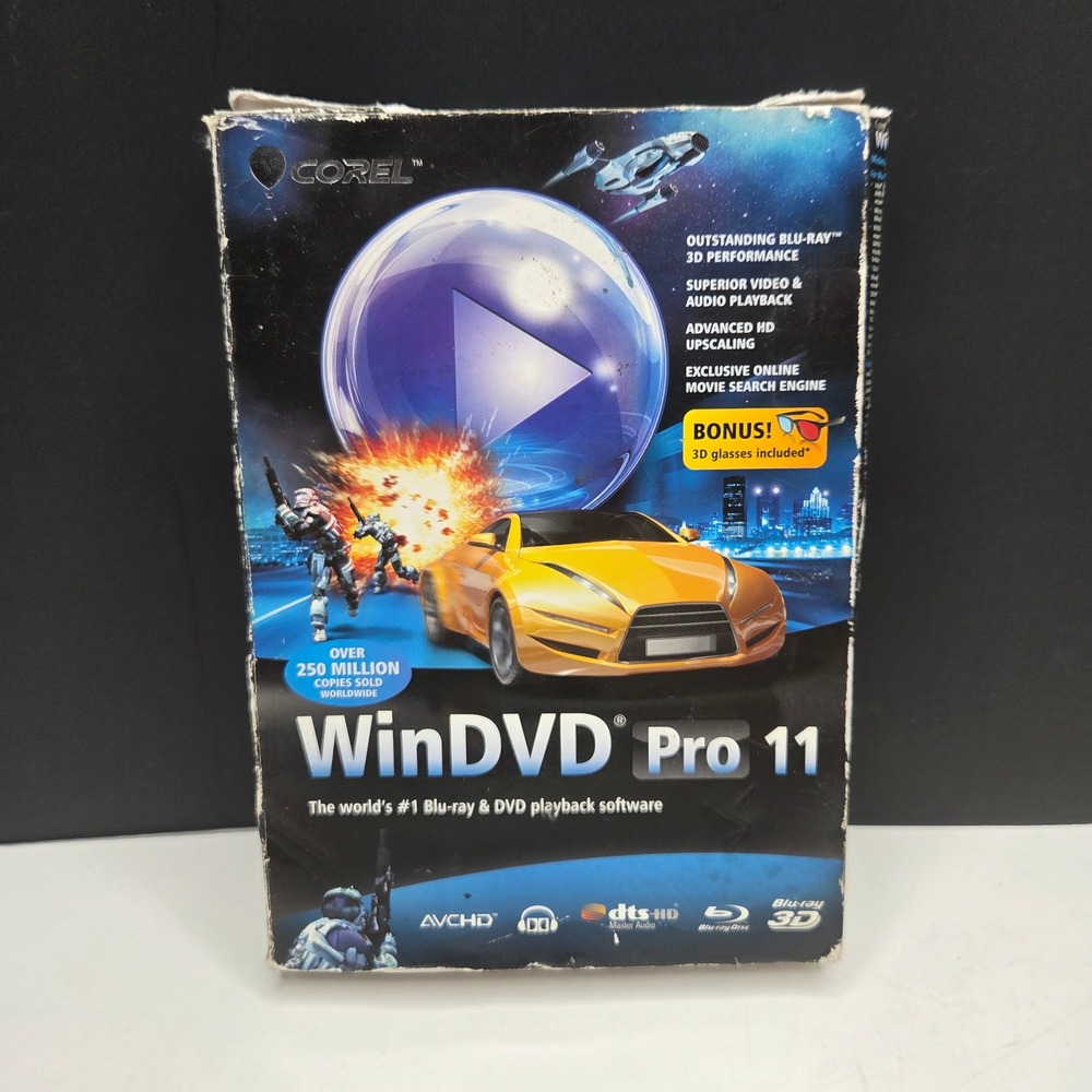 Corel WinDVD Pro 11 Blu-ray DVD Software PC 3D Conversion Glasses Boxed Vintage